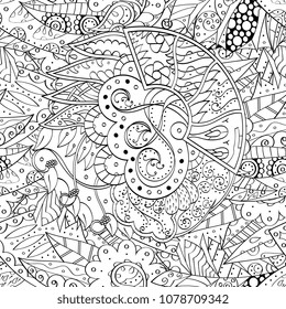 Tracery seamless pattern. Mehndi design. Ethnic monochrome binary doodle texture. Curved doodling black and white background. Vector