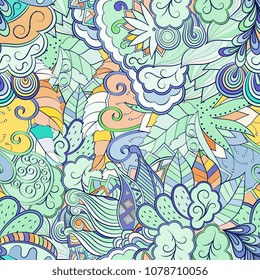 Tracery seamless pattern. Mehndi design. Ethnic colorful doodle texture. Curved doodling background. Vector
