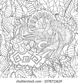 Tracery seamless pattern. Mehndi design. Ethnic monochrome binary doodle texture. Curved doodling black and white background. Vector