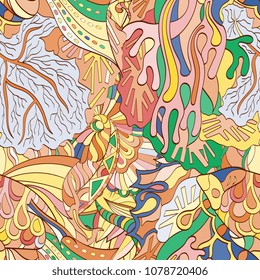 Tracery seamless pattern. Mehndi design. Ethnic colorful doodle texture. Curved doodling background. Vector