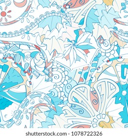 Tracery seamless pattern. Mehndi design. Ethnic colorful doodle texture. Curved doodling background. Vector