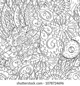 Tracery seamless pattern. Mehndi design. Ethnic monochrome binary doodle texture. Curved doodling black and white background. Vector