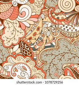 Tracery seamless pattern. Mehndi design. Ethnic colorful doodle texture. Curved doodling background. Vector