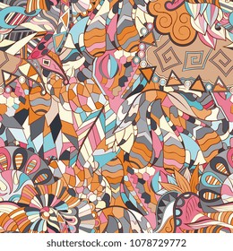 Tracery seamless pattern. Mehndi design. Ethnic colorful doodle texture. Curved doodling background. Vector