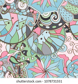 Tracery seamless pattern. Mehndi design. Ethnic colorful doodle texture. Curved doodling background. Vector