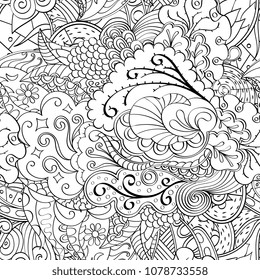 Tracery seamless pattern. Mehndi design. Ethnic monochrome binary doodle texture. Curved doodling black and white background. Vector