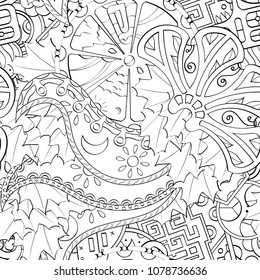Tracery seamless pattern. Mehndi design. Ethnic monochrome binary doodle texture. Curved doodling black and white background. Vector