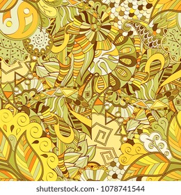 Tracery seamless pattern. Mehndi design. Ethnic colorful doodle texture. Curved doodling background. Vector
