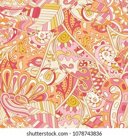 Tracery seamless pattern. Mehndi design. Ethnic colorful doodle texture. Curved doodling background. Vector