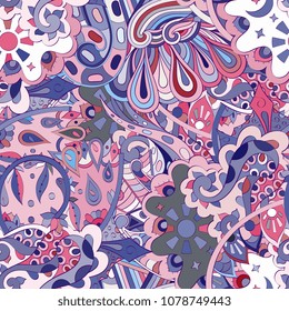 Tracery seamless pattern. Mehndi design. Ethnic colorful doodle texture. Curved doodling background. Vector