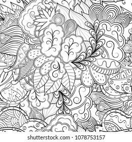 Tracery seamless pattern. Mehndi design. Ethnic monochrome binary doodle texture. Curved doodling black and white background. Vector