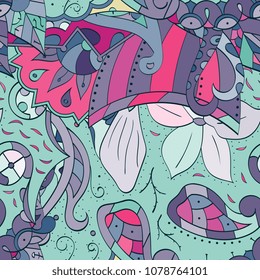 Tracery seamless pattern. Mehndi design. Ethnic colorful doodle texture. Curved doodling background. Vector