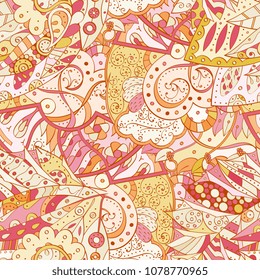 Tracery seamless pattern. Mehndi design. Ethnic colorful doodle texture. Curved doodling background. Vector