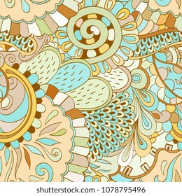 Tracery seamless pattern. Mehndi design. Ethnic colorful doodle texture. Curved doodling background. Vector