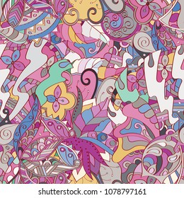 Tracery seamless pattern. Mehndi design. Ethnic colorful doodle texture. Curved doodling background. Vector