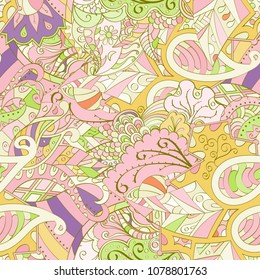 Tracery seamless pattern. Mehndi design. Ethnic colorful doodle texture. Curved doodling background. Vector
