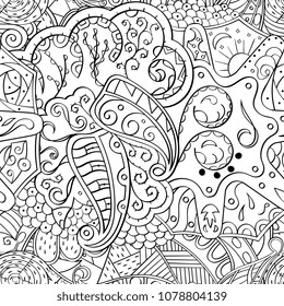 Tracery seamless pattern. Mehndi design. Ethnic monochrome binary doodle texture. Curved doodling black and white background. Vector