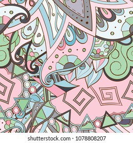 Tracery seamless pattern. Mehndi design. Ethnic colorful doodle texture. Curved doodling background. Vector