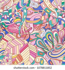 Tracery seamless pattern. Mehndi design. Ethnic colorful doodle texture. Curved doodling background. Vector