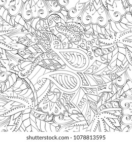 Tracery seamless pattern. Mehndi design. Ethnic monochrome binary doodle texture. Curved doodling black and white background. Vector