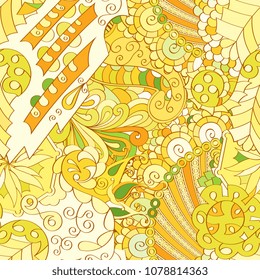 Tracery seamless pattern. Mehndi design. Ethnic colorful doodle texture. Curved doodling background. Vector