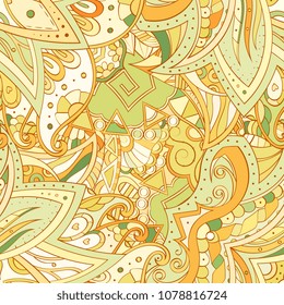 Tracery seamless pattern. Mehndi design. Ethnic colorful doodle texture. Curved doodling background. Vector