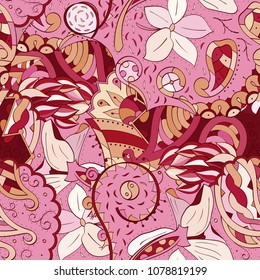 Tracery seamless pattern. Mehndi design. Ethnic colorful doodle texture. Curved doodling background. Vector