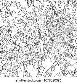 Tracery seamless pattern. Mehndi design. Ethnic monochrome binary doodle texture. Curved doodling black and white background. Vector