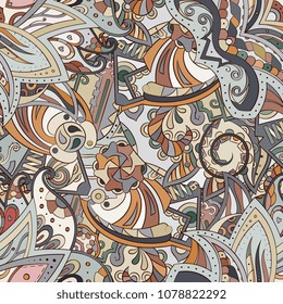 Tracery seamless pattern. Mehndi design. Ethnic colorful doodle texture. Curved doodling background. Vector