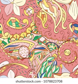 Tracery seamless pattern. Mehndi design. Ethnic colorful doodle texture. Curved doodling background. Vector