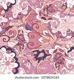 Tracery seamless pattern. Mehndi design. Ethnic colorful doodle texture. Curved doodling background. Vector