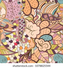 Tracery seamless pattern. Mehndi design. Ethnic colorful doodle texture. Curved doodling background. Vector