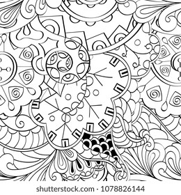 Tracery seamless pattern. Mehndi design. Ethnic monochrome binary doodle texture. Curved doodling black and white background. Vector