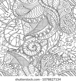 Tracery seamless pattern. Mehndi design. Ethnic monochrome binary doodle texture. Curved doodling black and white background. Vector