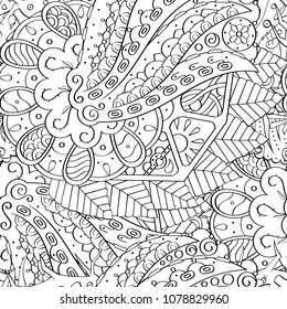 Tracery seamless pattern. Mehndi design. Ethnic monochrome binary doodle texture. Curved doodling black and white background. Vector