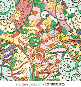 Tracery seamless pattern. Mehndi design. Ethnic colorful doodle texture. Curved doodling background. Vector