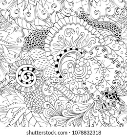 Tracery seamless pattern. Mehndi design. Ethnic monochrome binary doodle texture. Curved doodling black and white background. Vector