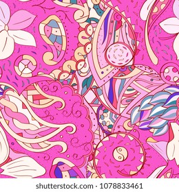 Tracery seamless pattern. Mehndi design. Ethnic colorful doodle texture. Curved doodling background. Vector