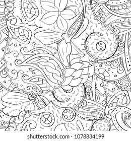 Tracery seamless pattern. Mehndi design. Ethnic monochrome binary doodle texture. Curved doodling black and white background. Vector