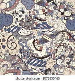 Tracery seamless pattern. Mehndi design. Ethnic colorful doodle texture. Curved doodling background. Vector