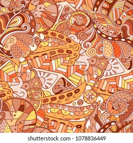 Tracery seamless pattern. Mehndi design. Ethnic colorful doodle texture. Curved doodling background. Vector