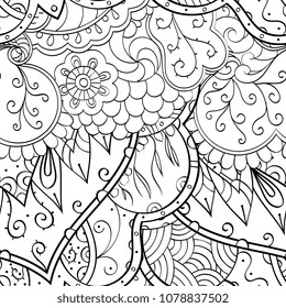 Tracery seamless pattern. Mehndi design. Ethnic monochrome binary doodle texture. Curved doodling black and white background. Vector