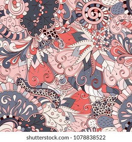 Tracery seamless pattern. Mehndi design. Ethnic colorful doodle texture. Curved doodling background. Vector