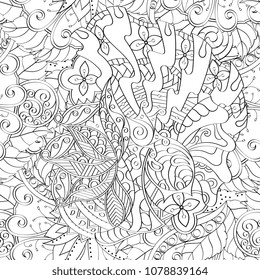 Tracery seamless pattern. Mehndi design. Ethnic monochrome binary doodle texture. Curved doodling black and white background. Vector