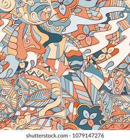 Tracery seamless pattern. Mehndi design. Ethnic colorful doodle texture. Curved doodling background. Vector