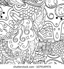 Tracery seamless pattern. Mehndi design. Ethnic monochrome binary doodle texture. Curved doodling black and white background. Vector