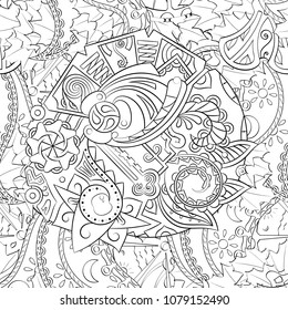 Tracery seamless pattern. Mehndi design. Ethnic monochrome binary doodle texture. Curved doodling black and white background. Vector