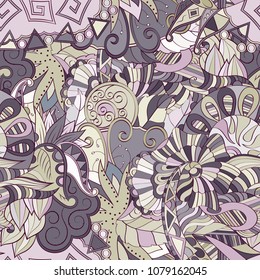 Tracery seamless pattern. Mehndi design. Ethnic colorful doodle texture. Curved doodling background. Vector