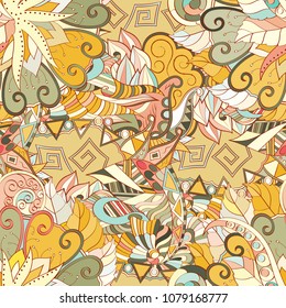 Tracery seamless pattern. Mehndi design. Ethnic colorful doodle texture. Curved doodling background. Vector