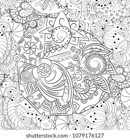 Tracery seamless pattern. Mehndi design. Ethnic monochrome binary doodle texture. Curved doodling black and white background. Vector